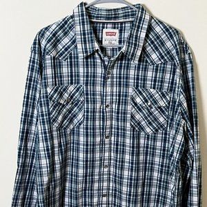 Levi's Men's XXL Shirt - Modern Fit Blue Plaid Long Sleeve Snap Button Up